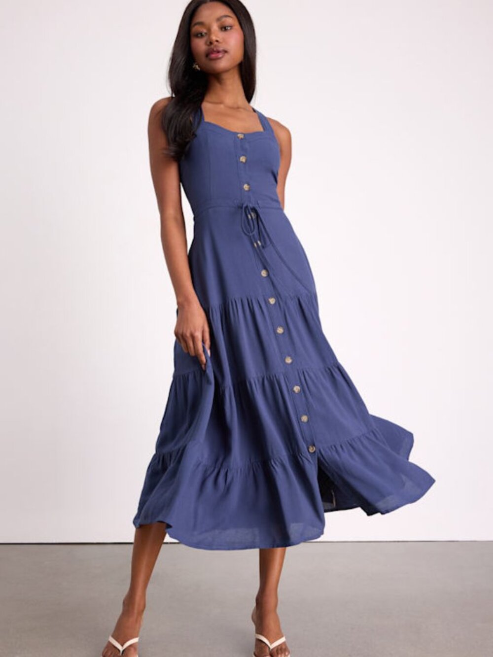 Lulus See The City Blue Button-front Tiered Midi Dress - Size L - BRAND NEW